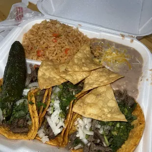 #18 Three Street (Mini) Soft Corn Tortilla Tacos (One Meat) w/ Rice and Beans