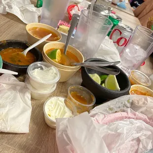 This is the damage of a meal well done. Quesadilla Durangos, tacos, huevos con chorizo and Emilia's Plate.