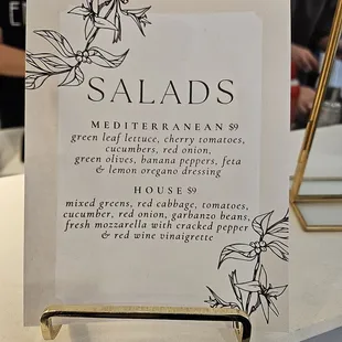 a menu for salads