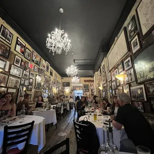 a dining room with a chandelier