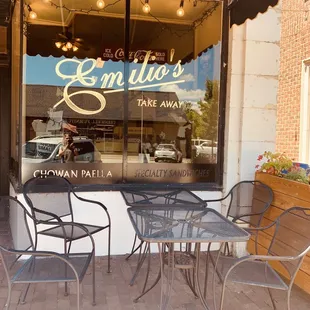 a table and chairs outside