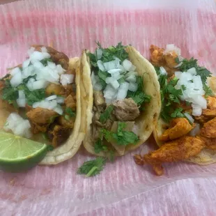 Left: Al Pastor Taco Middle: Carnitas Taco Right: Chicken Taco