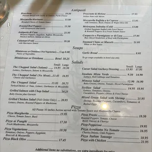 a menu with prices