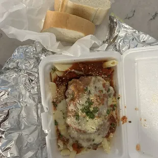 Chicken Parmesan with rigatoni