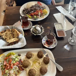Falafel, Turkish tea, lamb gyro/doner