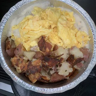 eggs, sausage, and hash browns