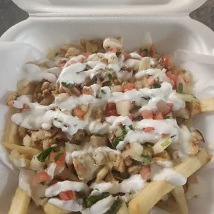 Chicken Supreme Fries - chicken with queso, diced chicken, sour cream &amp; Pico de gallo. Amazing