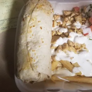 Chicken Fries and a loaded chicken burrito with cheese, rice, guacamole
