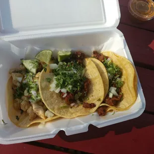 Grilled chicken, Chorizo and El Pastor tacos.
