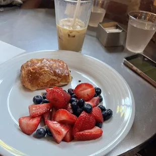 Iced Latte, fruit, chocolate croissant