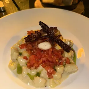 Gnocchi, Gorgonzola, octopus, heirloom tomato