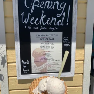 Current menu! Pictured: strawberry and cookies n cream double scoop in waffle cone