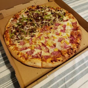Large Pizza Half Hawaiian  Half Bacon, sausage, bell pepper, mushroom, and onion