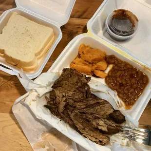 BBQ brisket, yams, baked beans