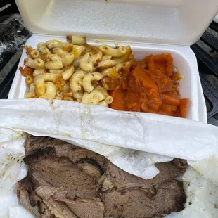 Beef Brisket Dinner, Macaroni and Cheese, and Yams.