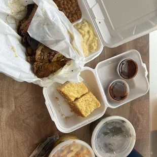 two 2 Way Dinner with beans and potato salad , 16 oz side of mac and 16 oz greens &amp; cornbread