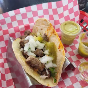 Sirloin taco on flour tortilla