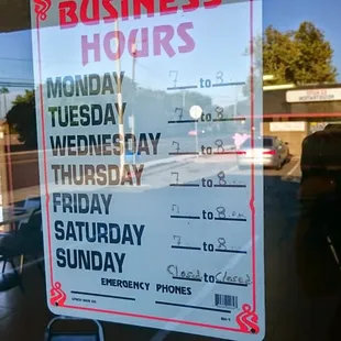 Their hours, since not posted to Yelp.