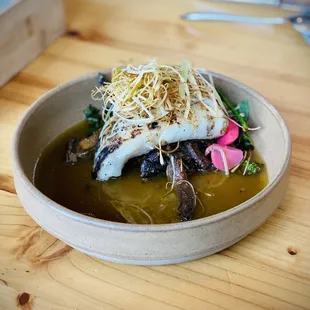 Golden Tilefish, Dashi, Chestnut Mushroom, Rapini