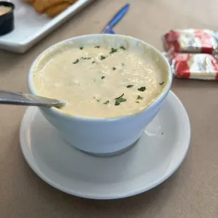 Cup of cream of crab soup.  Very meaty and tasty! Highly recommended!