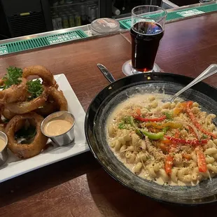 Irish Mac and cheese, onion rings, and summit winter ale