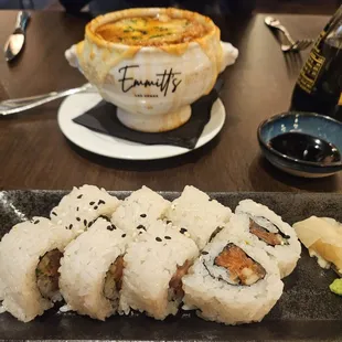 Spicy tuna roll and French onion soup