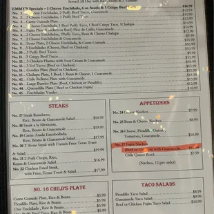 Menu showing cost of Fajita Nachos with NO mention of 24% up-charge if choose printed option of beef fajitas