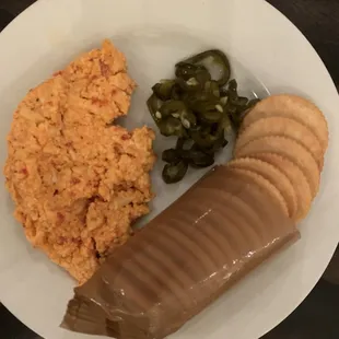 Pimento Cheese a Ritz Crackers and candied jalapeños