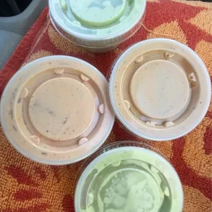 Plenty of sauces for my three empanadas