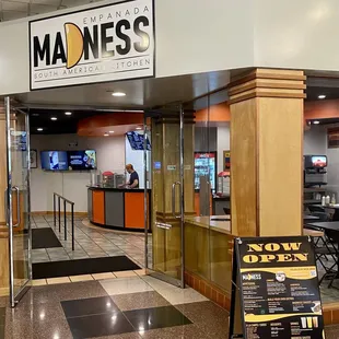 the entrance to a restaurant