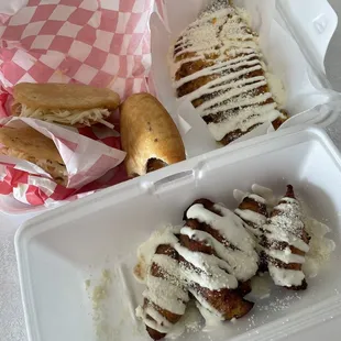 Fried plantains, shredded beef empanada, jamón y queso arepa, chicharrón arepa, cachapa