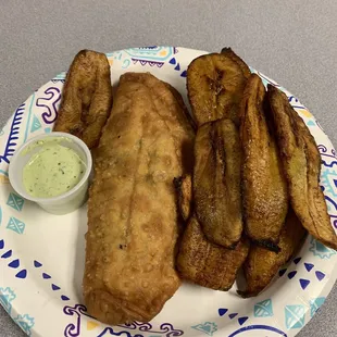 Spicy Cilantro sauce, Empanada, and Sweet Plantains