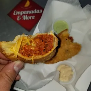 Here&apos;s a picture of our delicious Mexican chorizo with cheddar cheese and potatoes. We have the biggest and best empanadas in Columbus.