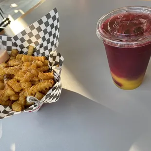 Cheese fries and 3 en uno juice