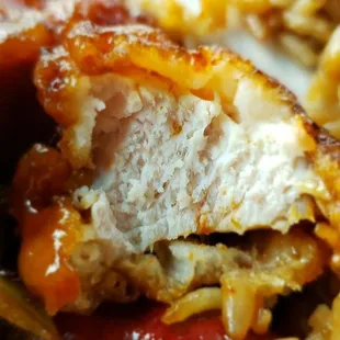 The Generals chicken is big chunks of all white meat chicken.