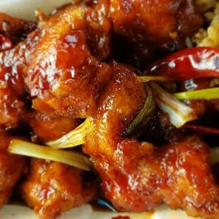 The generals chicken is big chunks of white meat and almost half the container, no skimpy quality here and thank you.