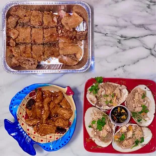 roast chicken stuffed w/ sticky rice, Rock Cod Fish Filet with Braised Tofu in Clay Pot, clams with vermicelli noodles (12/2022)