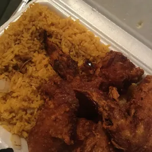 chicken and rice in a styrofoam container