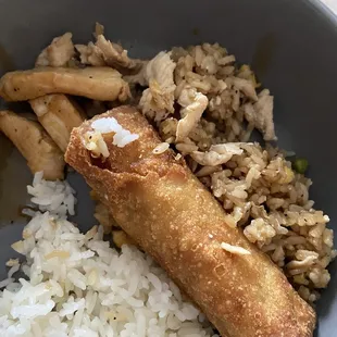 Chicken teriyaki, chicken fried rice, white rice and egg roll