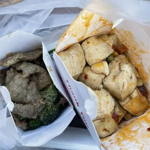 Small beef &amp; broccoli + medium ma-po tofu