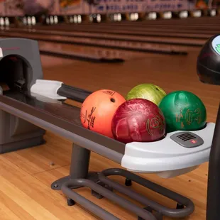 bowling balls in a bowling alley