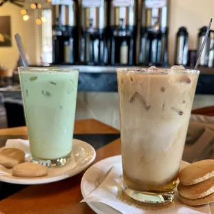 Iced Matcha and Iced Latte with Hazelnut and Oat Milk