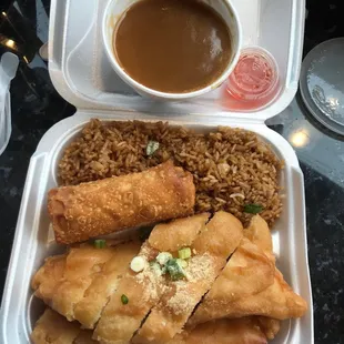 Look at this huge lunch portion! Almond boneless chicken combo, $6.50 but only $5.65 on Fridays. The gravy is some of the best I&apos;ve had.