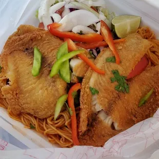 Tilapia with choice of rice or spaghetti. I chose spaghetti. Both the rice and spaghetti are yummy.