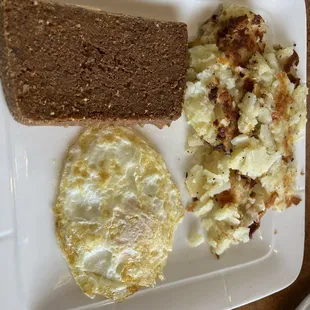 One egg breakfast with scrapple!