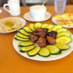 Lamb kebab, baba ganoush &amp; grits.