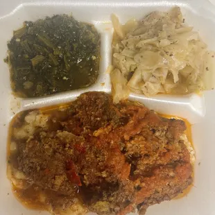 Meatloaf, greens and cabbage.