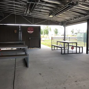 a picnic area with tables and benches