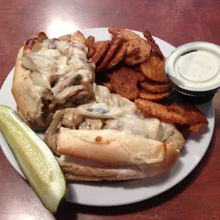Chicken Philly with a side of chips and ranch.