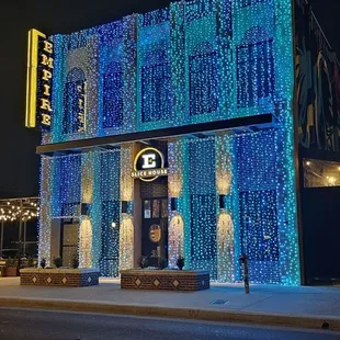 blue lights on the facade